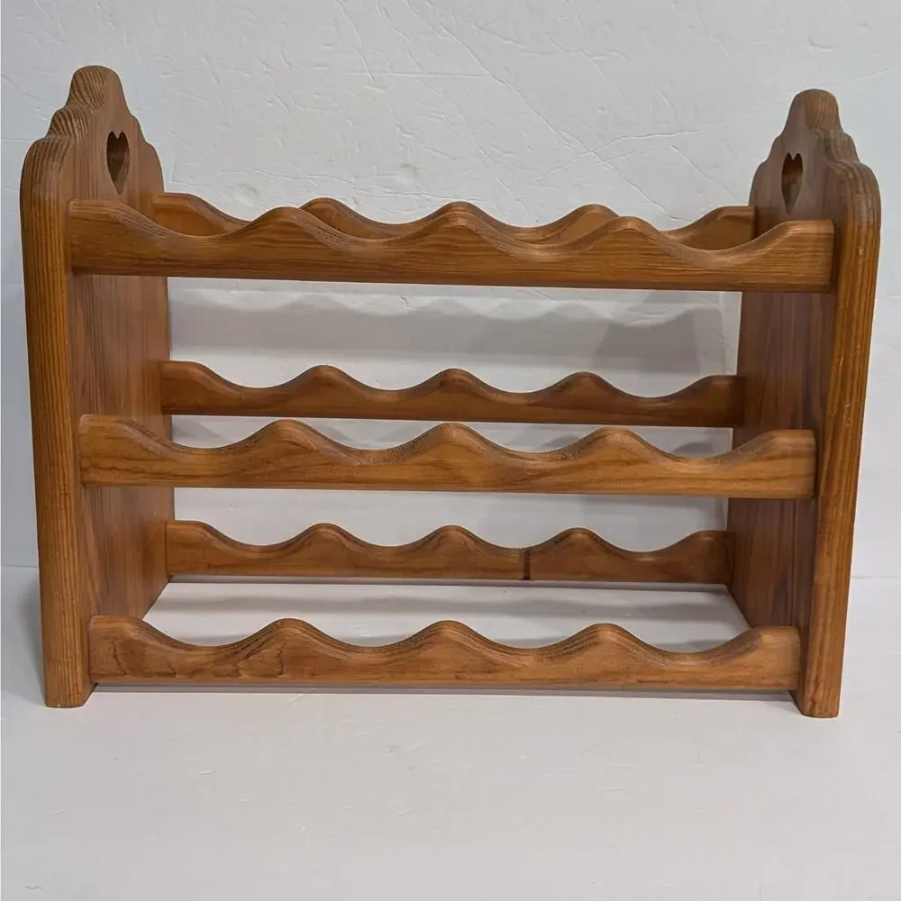 Vintage Solid Pine Wood Wine Rack 12 Bottle Heart Cutout Farmhouse Cottagecore